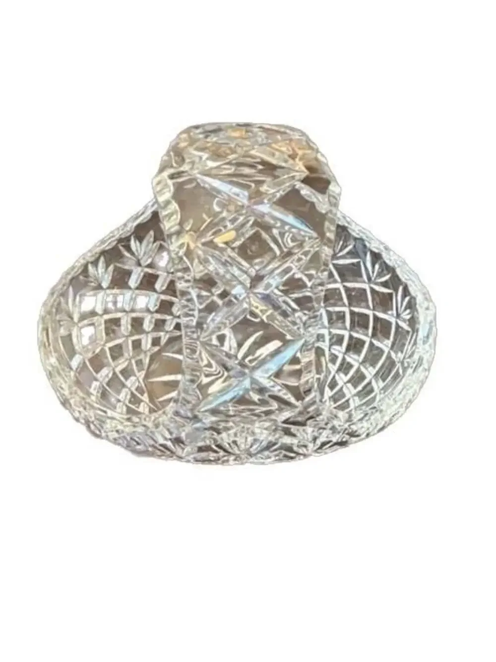 Vintage Cut Crystal Glass Basket with Starburst Pattern and Handle 8” Across